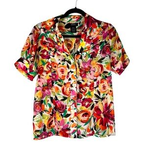 Allison Morgan Floral Multi-Colored Summer Sheer Short Sleeve Top Size Medium